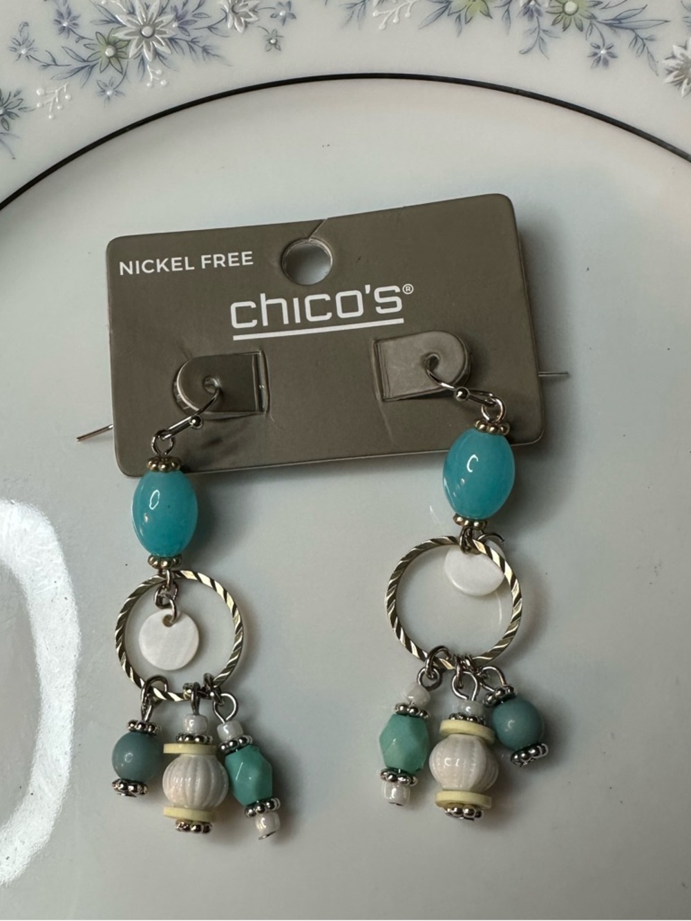 Chico's Turquoise and Cream Bead Drop Hoop Earrings